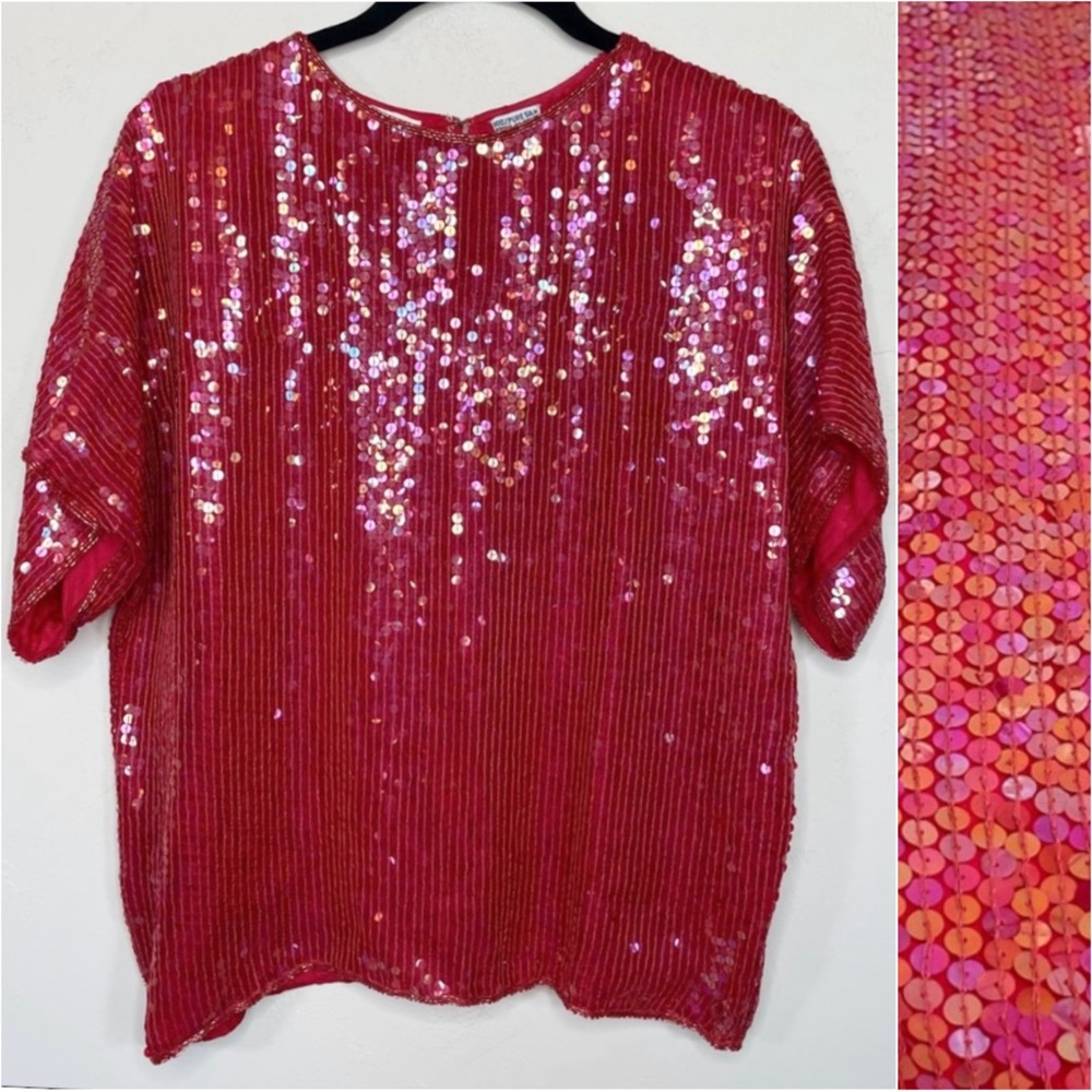 Vintage Albert Paul Red Embellished Iridescent Sequin Blouse